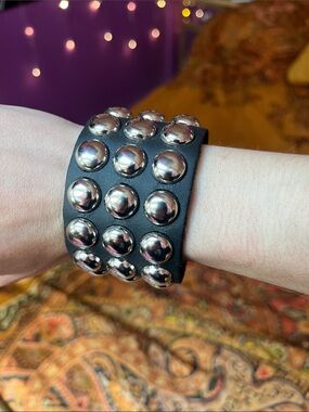 Goth Punk silver round studded black leather bracelet cuff